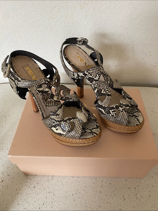 Prada Shoes - Prada Black and Cream Snakeskin-Effect Platform Heels